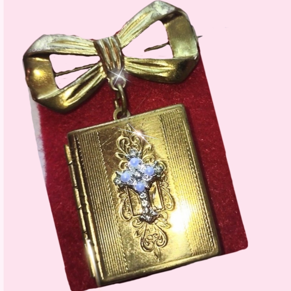 Holy Book Hanging From Bow Brooch Locket Crystal Cross
